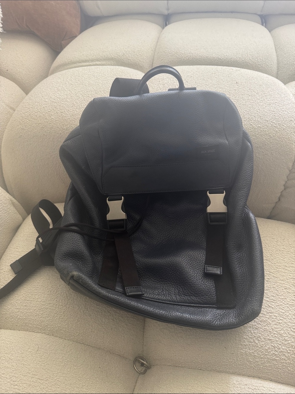 Jack Spade Black Leather Men's Backpack with Silver Buckles